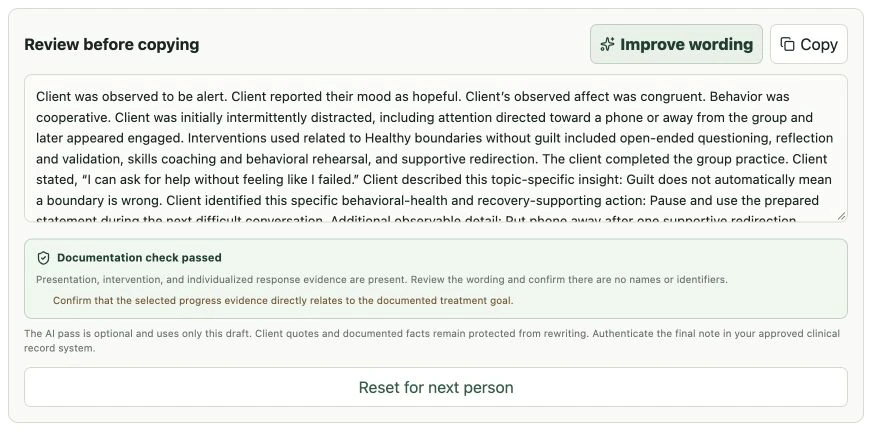 Actual review-before-copying draft with Improve wording, Copy, documentation quality check, and Reset for next person controls