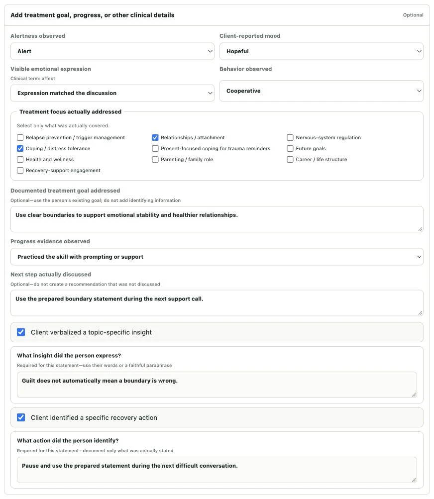 Actual optional clinical-detail controls showing client-reported mood, observed affect, treatment focus, documented goal, next step, supported insight, and identified action
