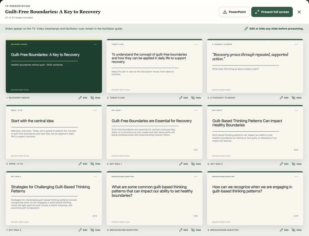 Actual slide deck preview with individual Edit and Hide controls, PowerPoint export, and full-screen presentation