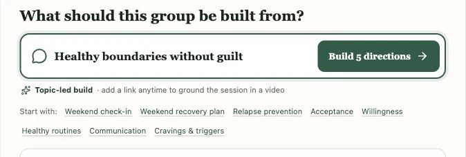 Actual topic entry with Healthy boundaries without guilt, suggested topics, and the Build 5 directions button