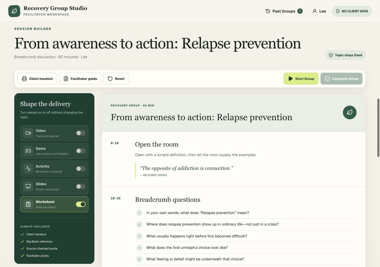 Recovery Group Studio showing a relapse-prevention session with facilitator controls and breadcrumb questions