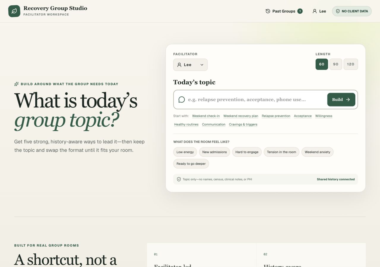 Recovery Group Studio topic builder asking what today's group needs